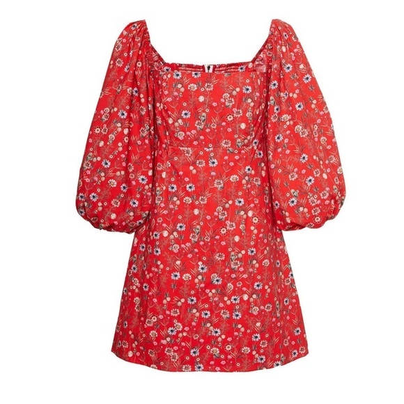 Cara Cara- Red Floral Montauk Long Puff Sleeve Mini Dress - Picture 2 of 6